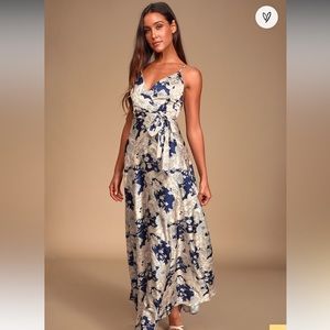 Tea Gardens Navy Blue Floral Print Satin Maxi Dress